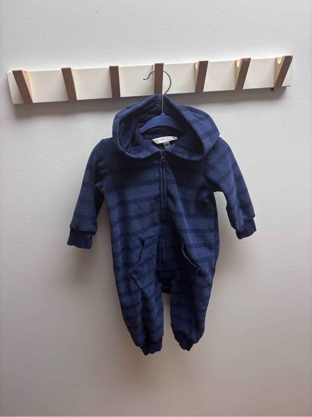 (5 for $20) Cozy Fleece Navy Blue Hooded Infant One-Piece